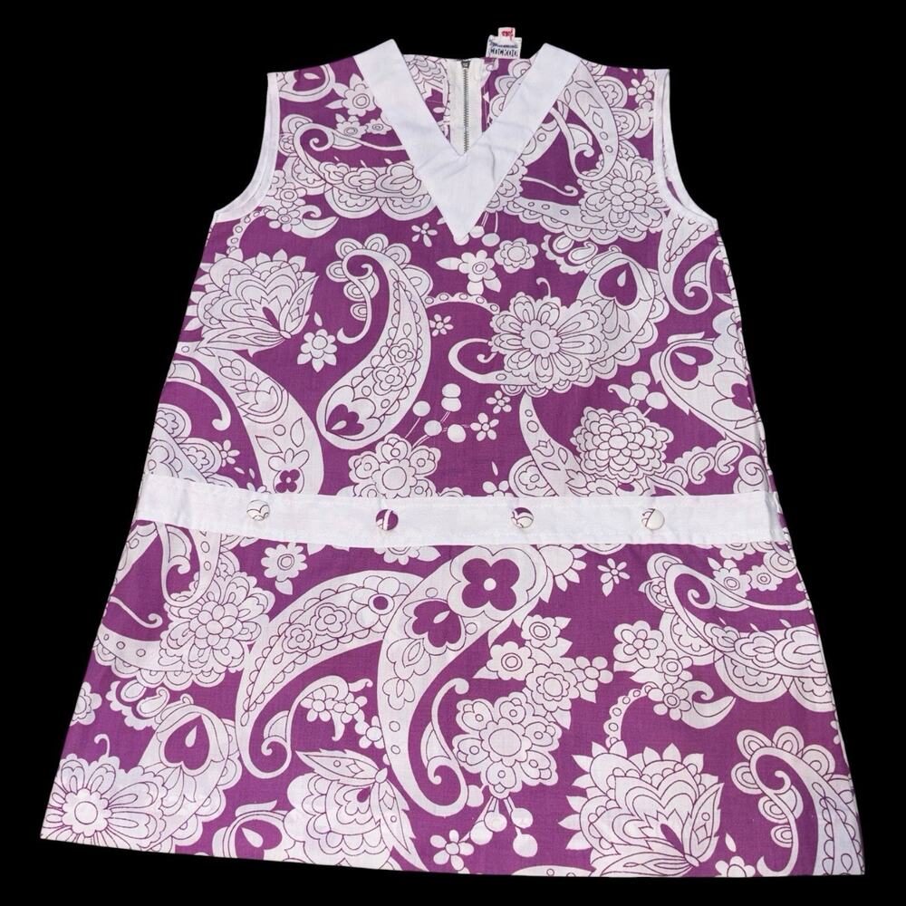 Vintage 70s Cuckoo Girls Dress Purple Paisley Mod Cotton Size 5 6 Deadstock